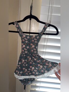 Floral Green Skirted Romper with Lace Trim